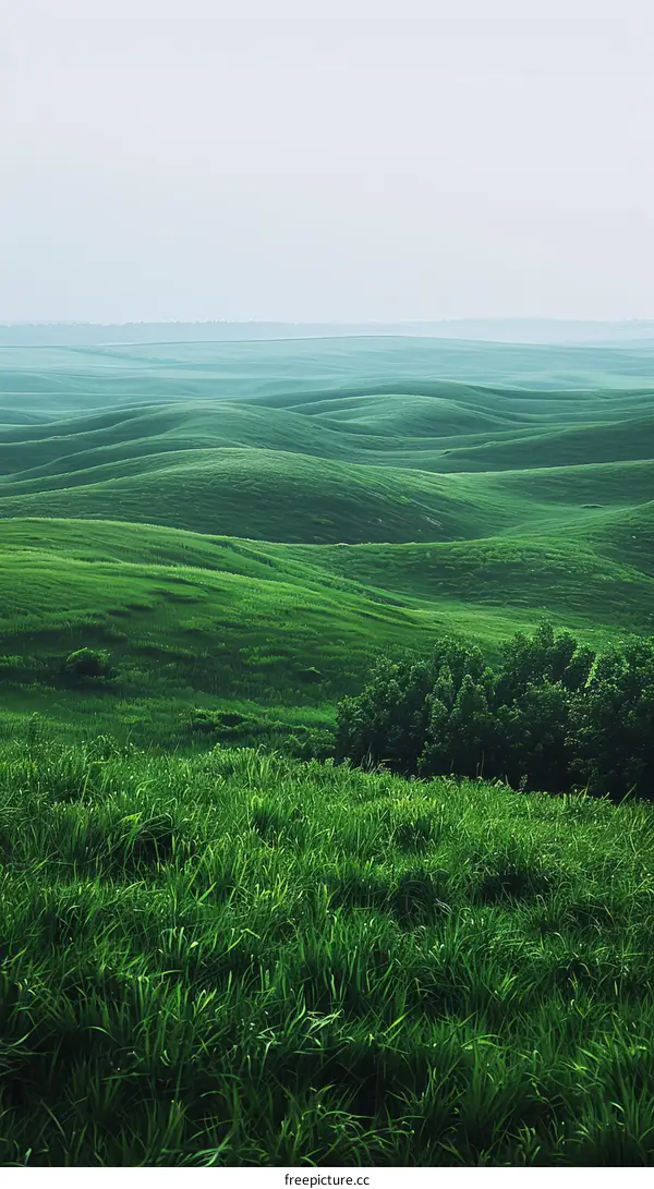 Rolling green hills with a grove of trees in the midground