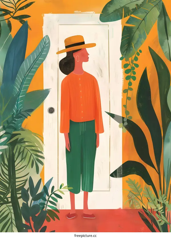 Woman in a Hat Standing by a Doorway