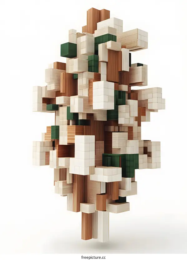 Abstract Wooden Structure with Green Accents