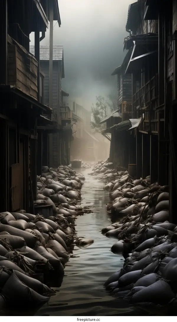 Water flows through the middle of an empty street lined with traditional Japanese buildings