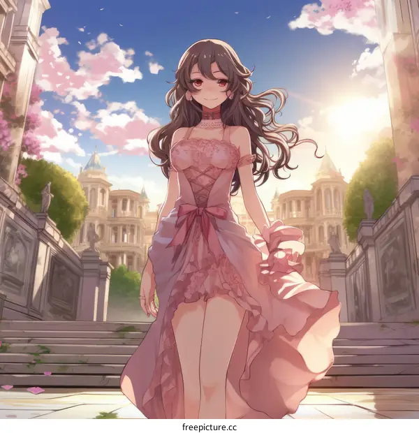 Elegant Anime Girl in Pink Dress with Grand Building Background