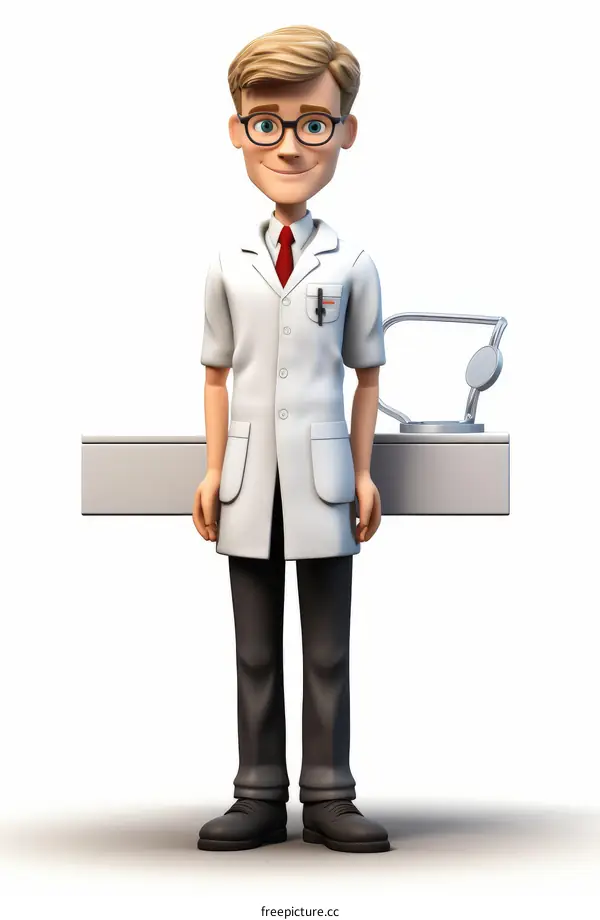 A 3D illustration of a male doctor wearing a lab coat and glasses