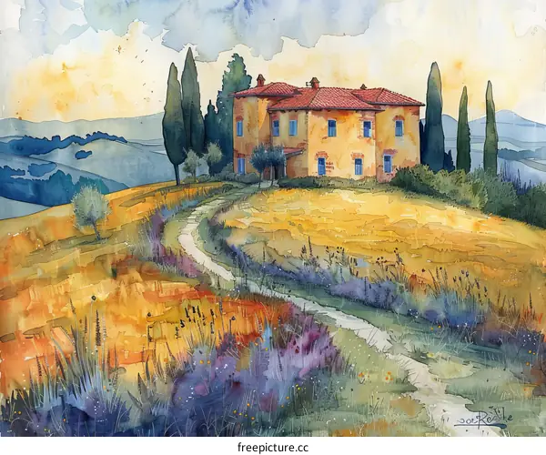 watercolor painting of a rural Italian landscape with a villa