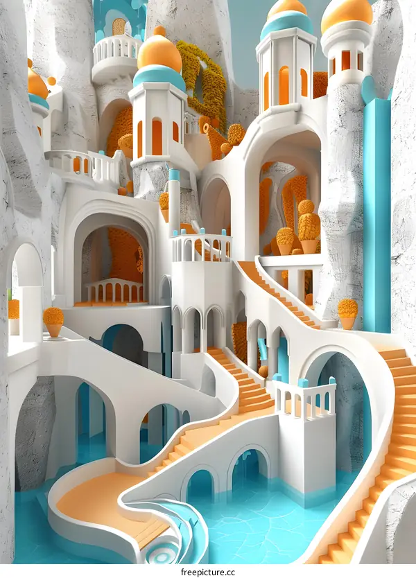 White 3D Illustration Of An Abstract City With Stairs And Water