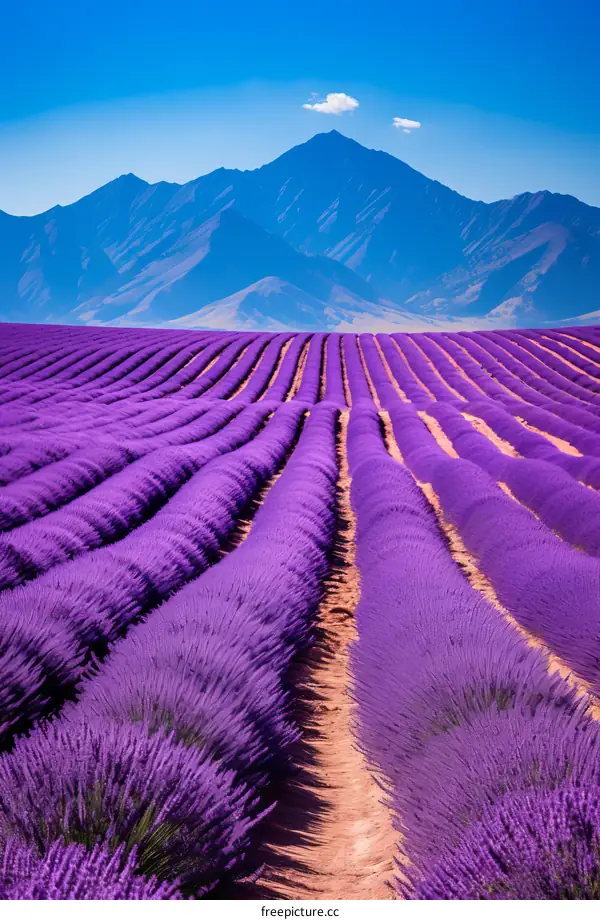 Rows of lavender in a field with mountains in the distance