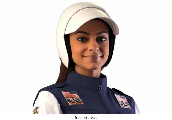 Black female astronaut wearing a spacesuit with American flag patches