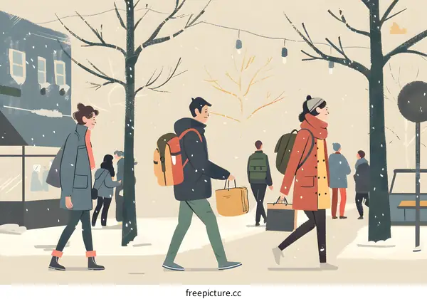 People Walking in Snowy Winter Street with Backpacks