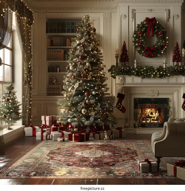 Ornate Christmas Tree and Garland by Fireplace