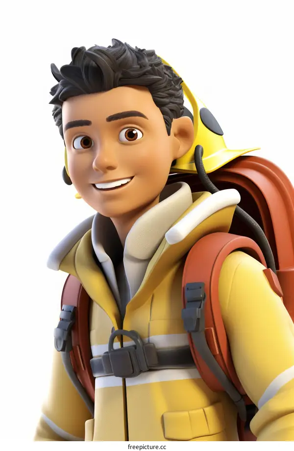 Illustration of a firefighter wearing a yellow uniform and a helmet