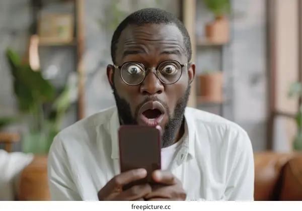 Surprised African American man looking at his phone