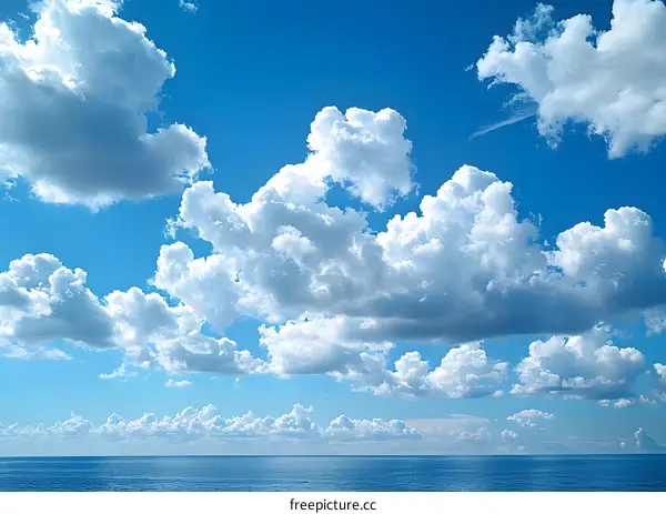 Beautiful Blue Sky with Fluffy White Clouds over a Calm Ocean