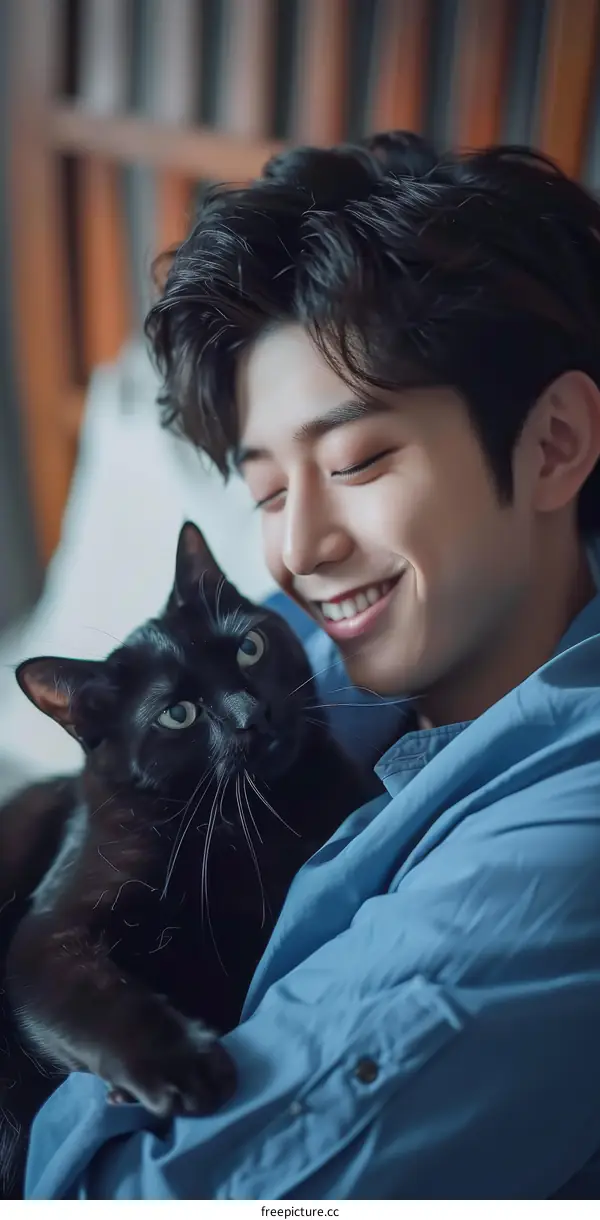 A smiling young man with a black cat