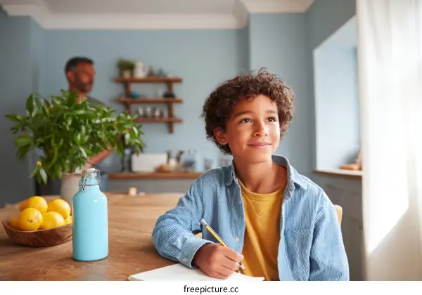 Boy Concentrating on Homework in a Kitchen Setting