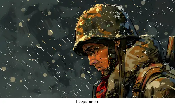 A soldier wearing a helmet in the snow