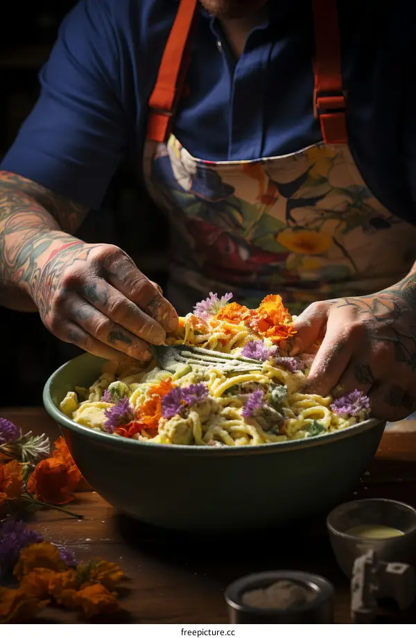 Chef is preparing pasta dish in a large bowl
