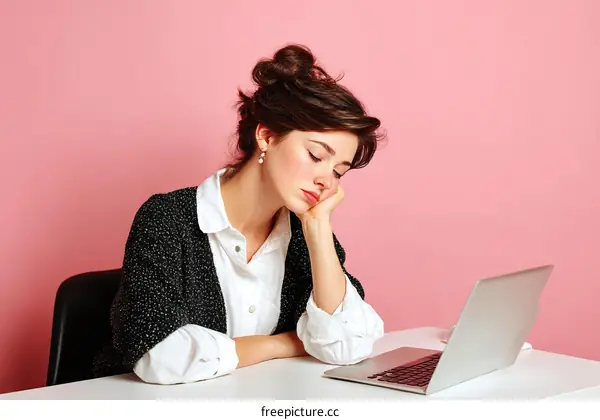 Tired Woman Working on Laptop