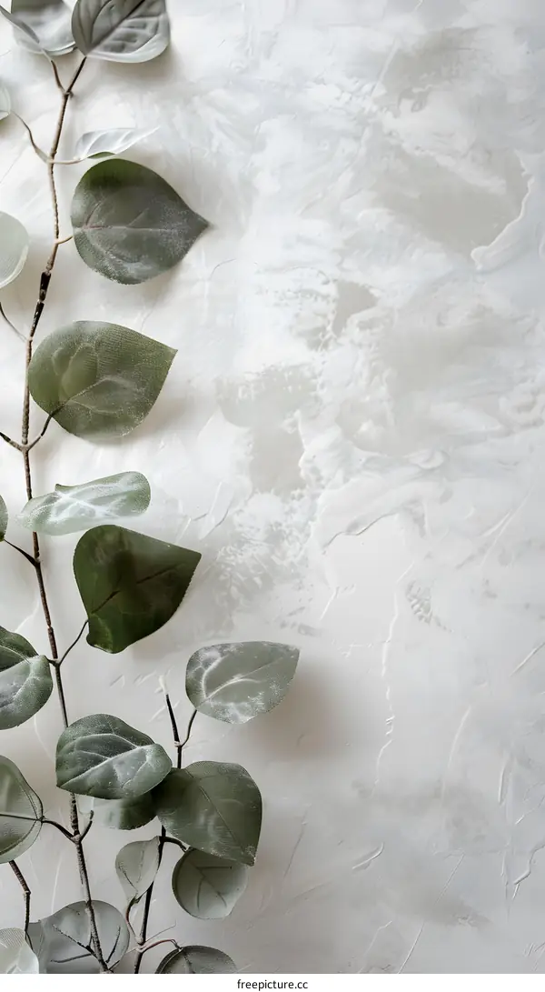 Green Leaf Branch on White Textured Background