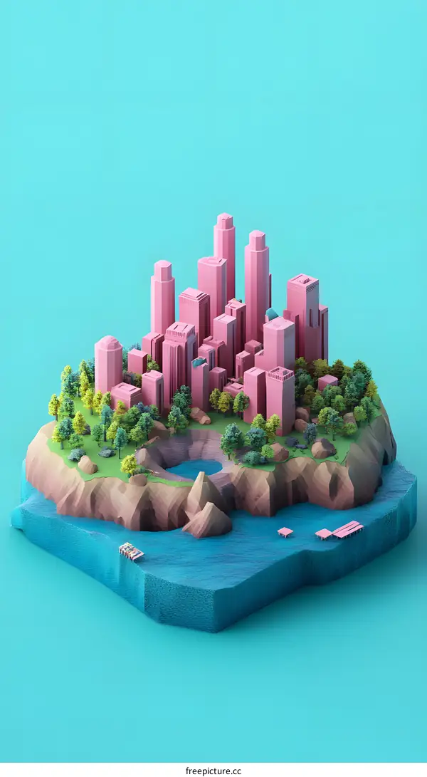 Low Poly Cityscape Island With Trees And Water