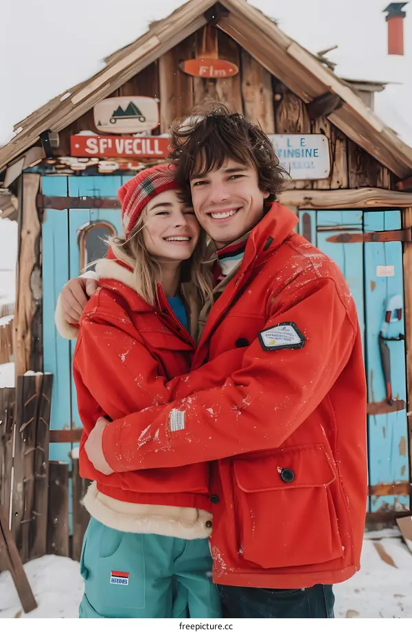 Couple Embracing In Front of Wooden Cabin in Winter
