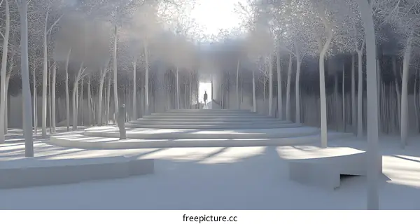 White Minimalist 3D Forest Scene with Steps and a Single Person