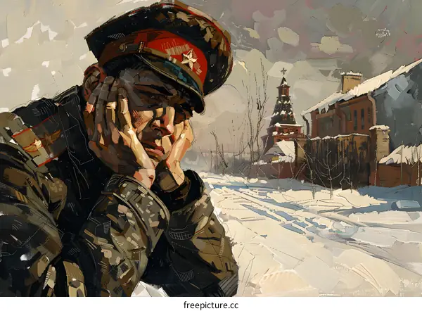 A soldier in a military uniform is sitting on a snowy road with his head in his hands