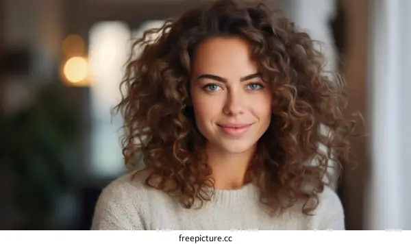 Portrait of a beautiful young woman with curly brown hair and blue eyes