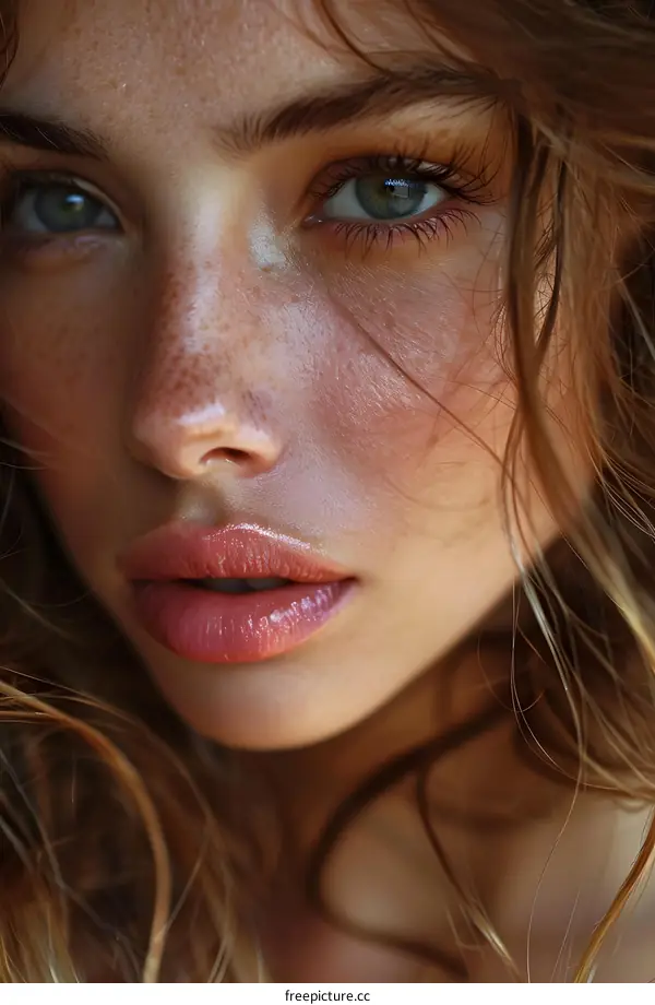 Close-up portrait of a beautiful woman with freckles and green eyes