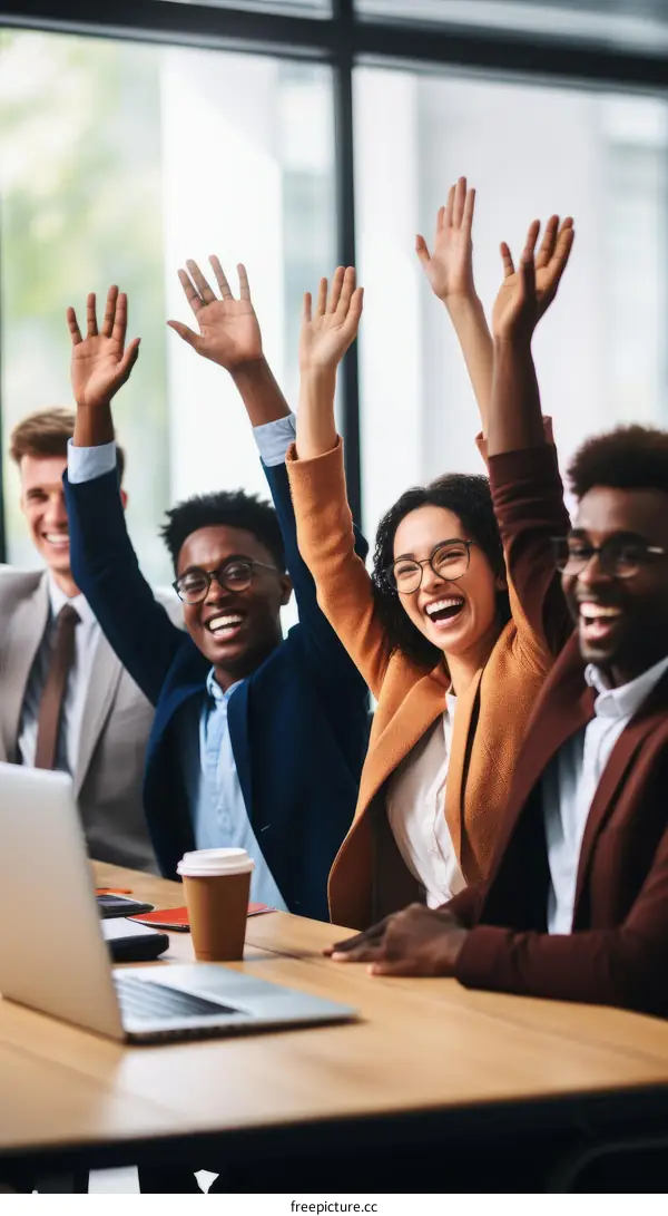 Group of four business people raising their hands in a meeting