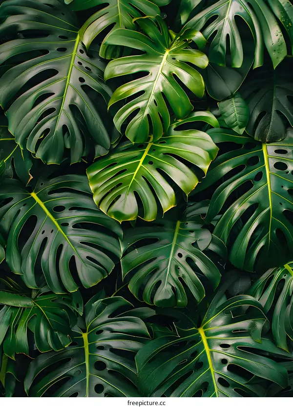 Green Monstera Leaves Closeup Tropical Background