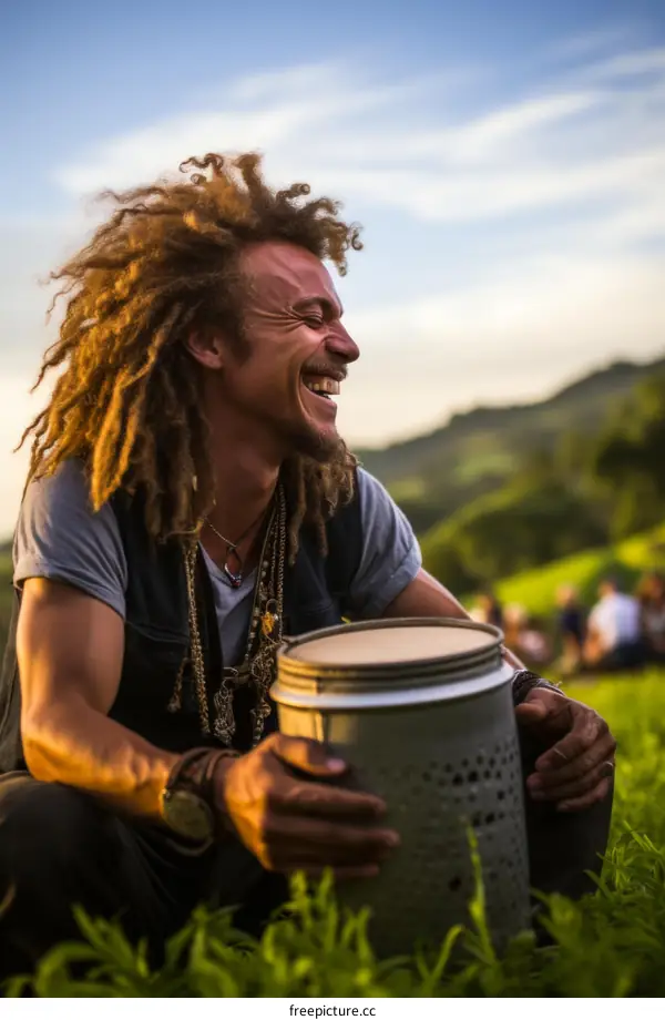 Portrait of a smiling man with dreadlocks playing a drum outdoors