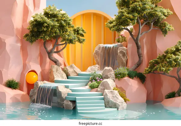 Pink surreal landscape with stairs and waterfall