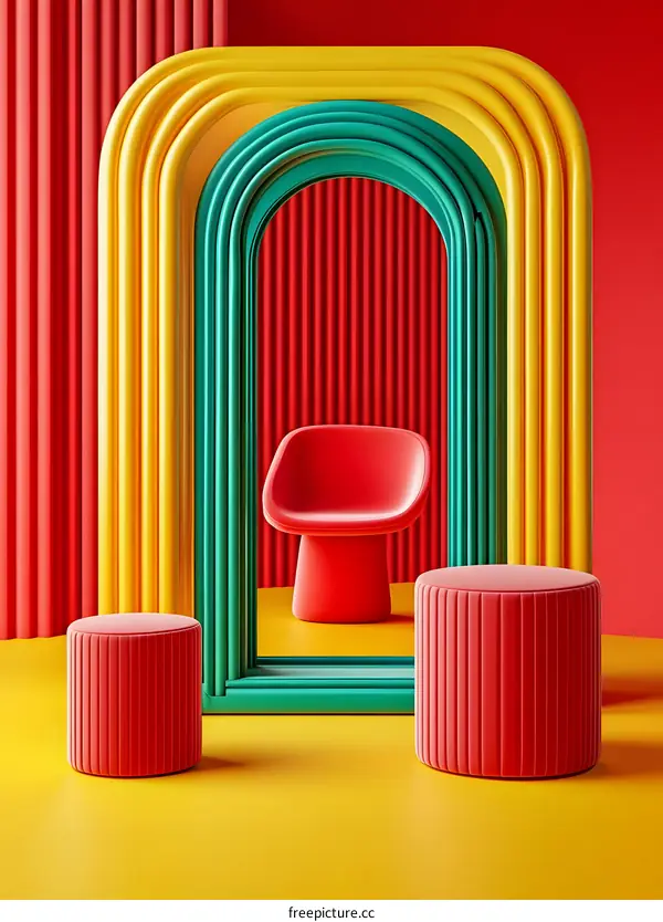 Abstract Minimalist Yellow Green Red Background with Chair and Stool
