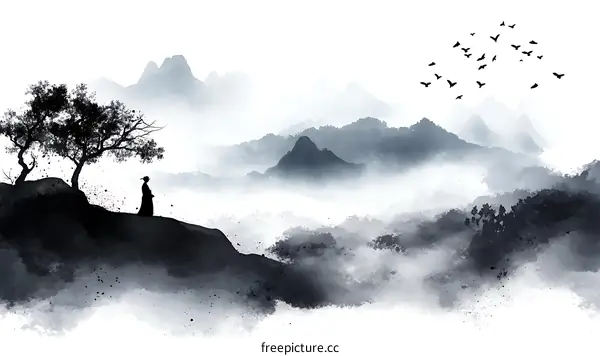 Chinese Ink Painting Landscape with Figure