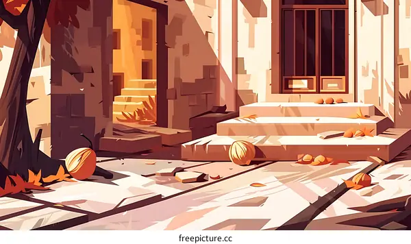 Autumn Leaves on Stone Steps in Front of a Building