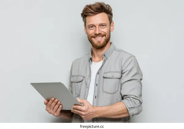 Smiling Caucasian Man Holding Laptop