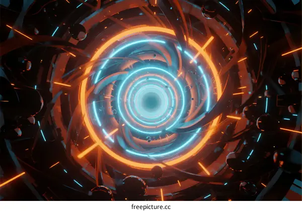 Neon-Lit Spiral Structure with Glowing Rings and Circuit Lines