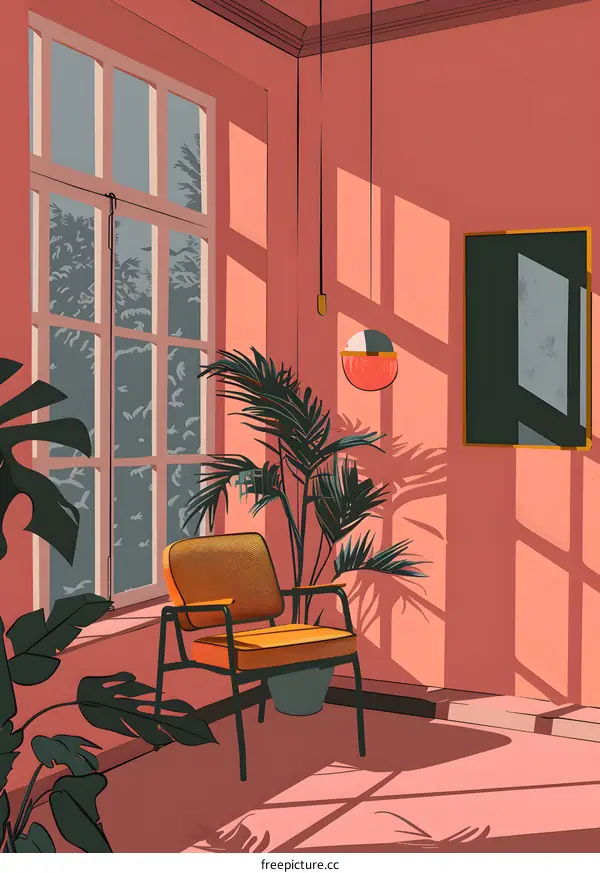 Modern Minimalist Interior Design with a Palm Tree, Chair, and Window