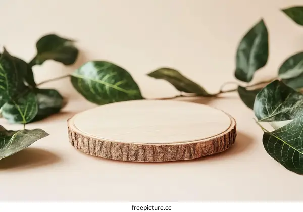 Natural Wooden Disc Display Stand with Leaves