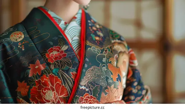 Close-up of a woman wearing a kimono with a floral pattern