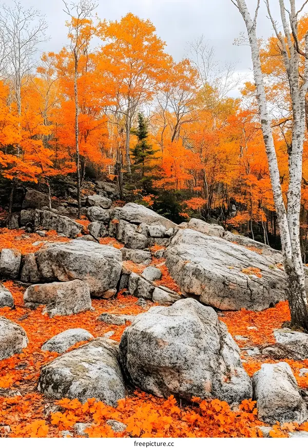 Autumn Forest With Orange Leaves And Large Rocks