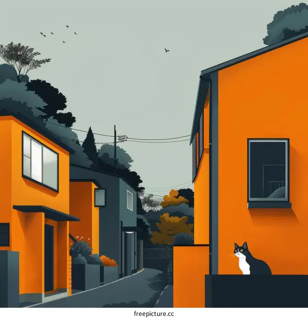 A cat sitting on a fence in front of a row of colorful houses