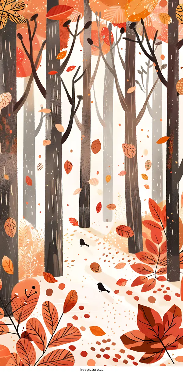 Autumn Forest Illustration with Falling Leaves and Birds