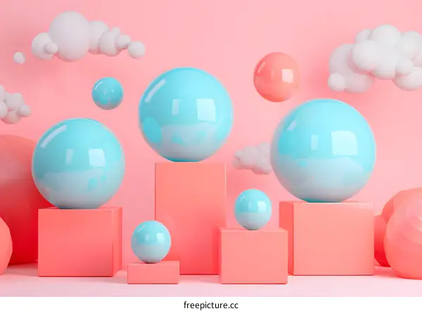 Abstract 3D Illustration Of Blue Spheres And Pink Platforms Against A Pink Background