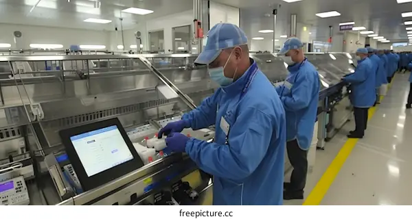 Workers in Blue Uniforms Working on an Assembly Line in a Clean Room Environment
