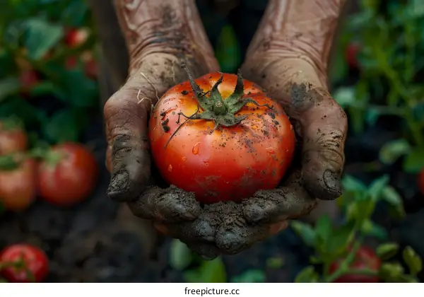 A farmer's hands holding a tomato