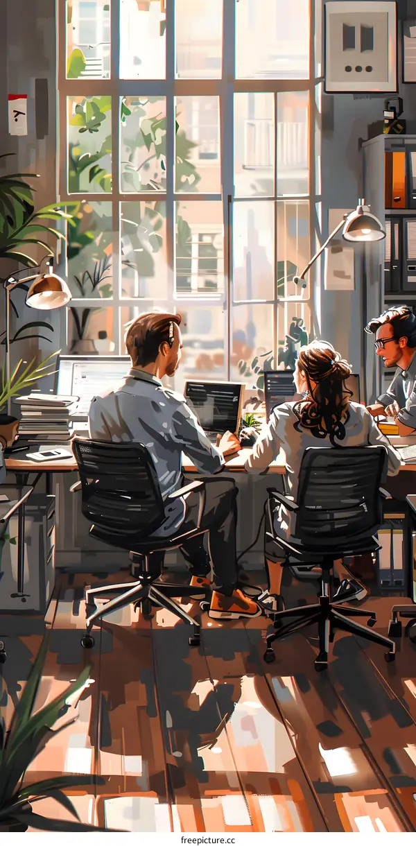 Three people working in an office