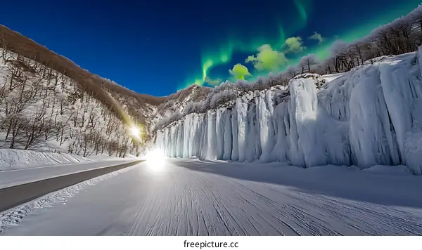 Aurora Borealis Over Frozen Waterfall in Winter
