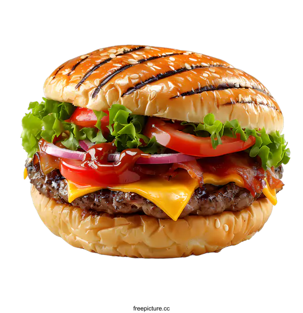 [Transparent Background PNG]A delicious cheeseburger with lettuce, tomato, onion, and bacon.