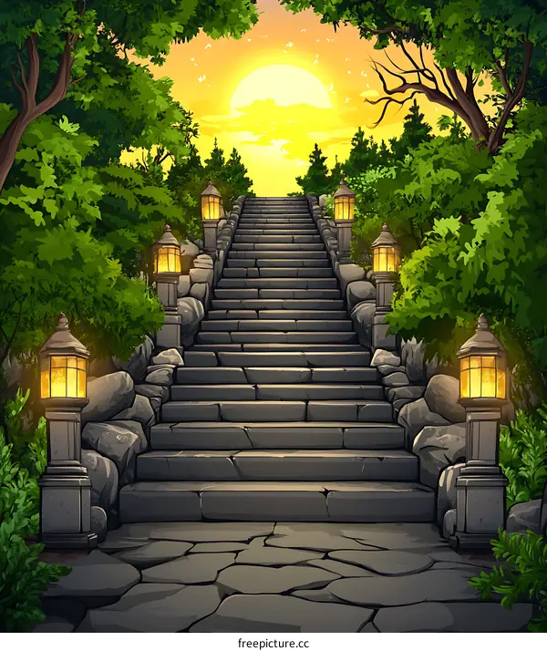 Stone Steps Leading Up To The Sunset