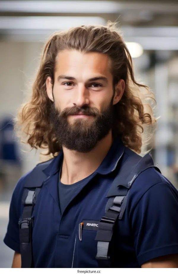 Portrait of a young male worker in a blue uniform